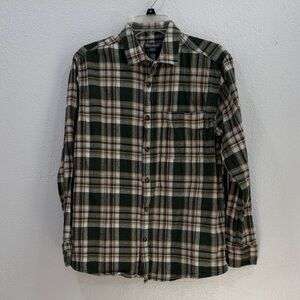 Eddie Bauer Plaid Flannel Button Shirt in Green, Cream and Brown, Size Med